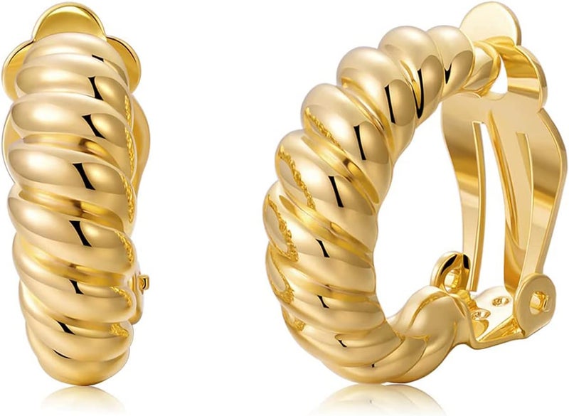 AllenCOCO Clip on Earrings Women, 14K Gold Hoop Clip-On Earrings for Women, Hypoallergenic Non Pierced Croissant Earrings - Image 1
